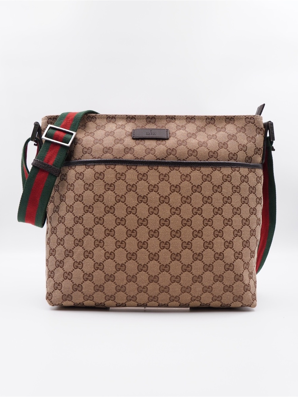 Gucci Beige Brown GG Supreme Messenger Bag with Green-Red Web Strap